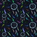 Dream catcher, feathers at black background. Repeating pattern. Watercolor