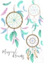 Dream catcher with feathers and ribbon blue red digital art illutration tribal drawing boho party print greeting card Royalty Free Stock Photo