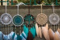 Handmade dream catcher with feathers threads and beads rope hanging Royalty Free Stock Photo