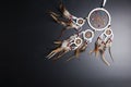 Dream catcher with feathers threads and beads rope hanging spiritual folk american native indian amulet isolated on black Royalty Free Stock Photo