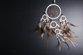 Dream catcher with feathers threads and beads rope hanging spiritual folk american native indian amulet isolated on black