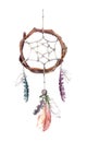 Dream catcher with feathers. Watercolor