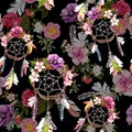 Dream catcher, flowers, feathers on black background. Seamless pattern. Watercolor Royalty Free Stock Photo