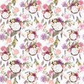 Dream catcher, flowers, feathers. Seamless pattern. Watercolor Royalty Free Stock Photo