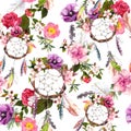 Dream catcher, flowers, feathers. Seamless pattern. Watercolor Royalty Free Stock Photo