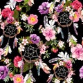 Dream catcher, flowers, feathers. Seamless pattern. Watercolor Royalty Free Stock Photo