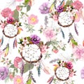 Dream catcher, flowers, feathers. Seamless pattern. Watercolor Royalty Free Stock Photo