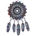 Dream catcher graphic in on watercolor background with mandala lace tattoo style decorated with feather, beads and ornaments