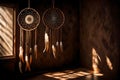 A dream catcher hanging in a cozy, dimly lit corner of a room, casting intricate shadows on the textured wall