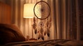 Dream catcher hanging on light wall in bedroom