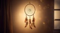 Dream catcher hanging on light wall in bedroom