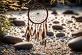 A dream catcher hanging in a serene Zen garden, surrounded by carefully raked gravel and balanced stones, invoking a sense of calm