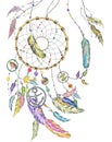 Dream catcher with items from the sea and feathers. Vector.
