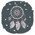 Dream catcher with leaves feathers and beads on a gray background. Vintage. Vector image.