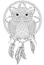 Dream catcher with owl. Tattoo or adult antistress coloring page