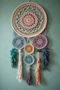 Dream catcher wall hanging decor made of colorful yarn. Generative AI Royalty Free Stock Photo