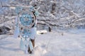 Dream catcher with white and blue feathers and tree branches covered with snow. Royalty Free Stock Photo