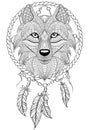 Dream catcher with wolf. Tattoo or adult antistress coloring page. Black and white hand drawn doodle for coloring book