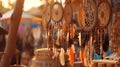 Dream catchers, bags and other souvenirs sold on Indian street market in Goa