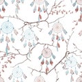 Dream catchers on the bare branches seamless vector pattern