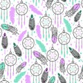 Dream catchers feathers seamless vector ethnic boho pattern. Repeating background Native American tribe decoration print Royalty Free Stock Photo