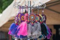 Dream catchers on souvenir market. Colourful dreamcatchers, native american ritual amulet.
