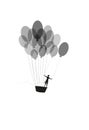 Dream concept, girl silhouette flying on the air baloon and flying up to the sky, dreamer, flight to the dreamland