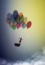 Dream concept, girl silhouette flying on the air baloon and flying up to the sky, dreamer, flight to the dreamland