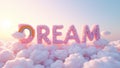 DREAM in 3D cursive font made of fluffy clouds and rainbows set in a pastel sky at sunset Royalty Free Stock Photo