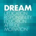 DREAM - Dedication, responsibility, education, attitude, motivation acronym, business concept background