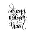 Dream discover travel black and white hand written lettering Royalty Free Stock Photo