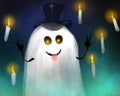 Dream hand drawn cute halloween illustration. ghost that flies, candles levitate