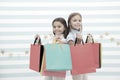 Dream of every girl shopping together with best friend. Girls children best friends hold bunch of shopping bags