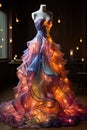 The dream fairy dress is with material that emits moebius colorful light like a beautiful lighting of a luminous rainbow core