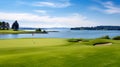 The dream golf course consists of beatiful putting green, fairway, bunker and large lake. Royalty Free Stock Photo
