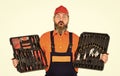 Dream of handyman. Set of tools. Screwdrivers set. Man carries toolbox white background. Worker repairman handyman