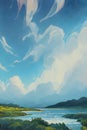 Dream haven, canvas painting of the sky so vast with a flowing river and mountain, clouds, lushill style, wallpaper