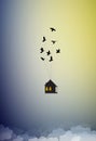 Dream at home concept, travel in dream idea, save life stay home, flock of birds flying away with house in the sky, home