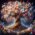 A dream land with a magical tree made of many beautiful flowers, luminescent, colorful, twinkling lights, fantasy, wallpaper