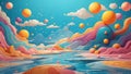 abstract drawn animated landscape with river, colorful mountains, clouds and balls in sky Royalty Free Stock Photo