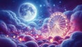 A Dream like Fairground in the Sky ,with Ferris Wheel,Big Moon ,Fluffy Clouds Royalty Free Stock Photo