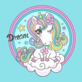 Dream. Little unicorn on a cloud in a round rainbow. Vector illustration