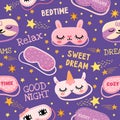 Dream mask seamless pattern. Cute pajama print with masks with girl eyes, unicorn, bunny, stars and sweet dreams quotes Royalty Free Stock Photo