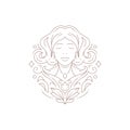 Dream mystery woman portrait with floral ornate curved design minimal line logo vector