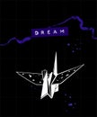 Dream poster with embossed tape text caption and illustration of japanese origami crane on black background with purple