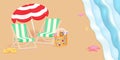 Dream resort banner in 3d realistic style with two beach chair and umbrella. Vector illustration