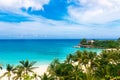 Dream scene. Beautiful palm trees above the white sand beach, th