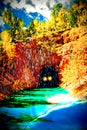 Dream Sequence Fantasy Mountain Road with Tunnel Bright Colors and Rain Royalty Free Stock Photo