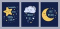 Dream sleep cards set for baby design Cute sleepy moon star cloud kids character