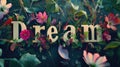 Dream title text on the table lined up, made from wood with flowers and plants around Royalty Free Stock Photo